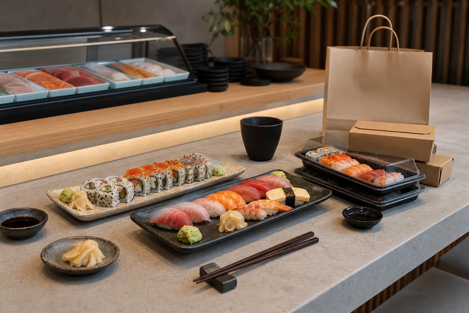 Calm sushi counter with clean wood and plated rolls ready for service