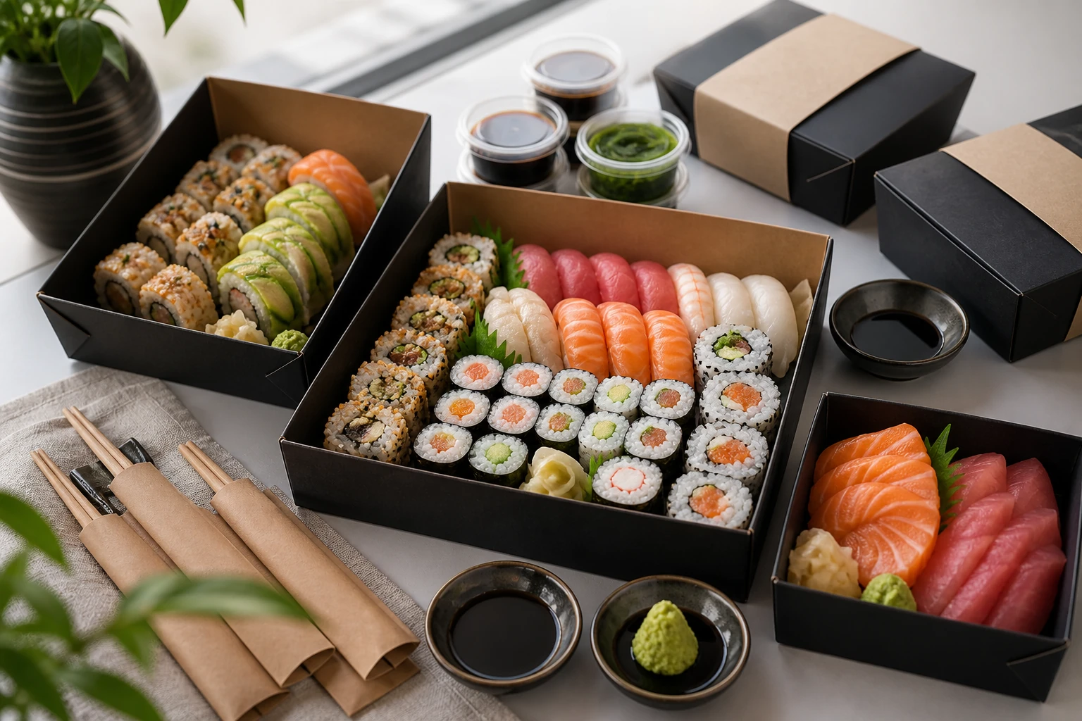 Composed sushi delivery set in black packaging with neutral lighting