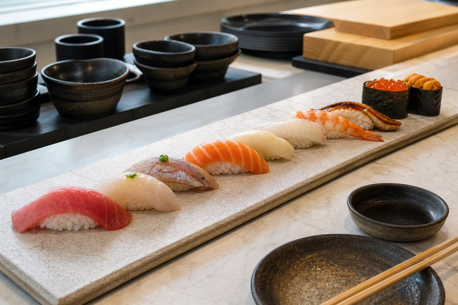 Row of nigiri pieces on a minimal dark serving surface