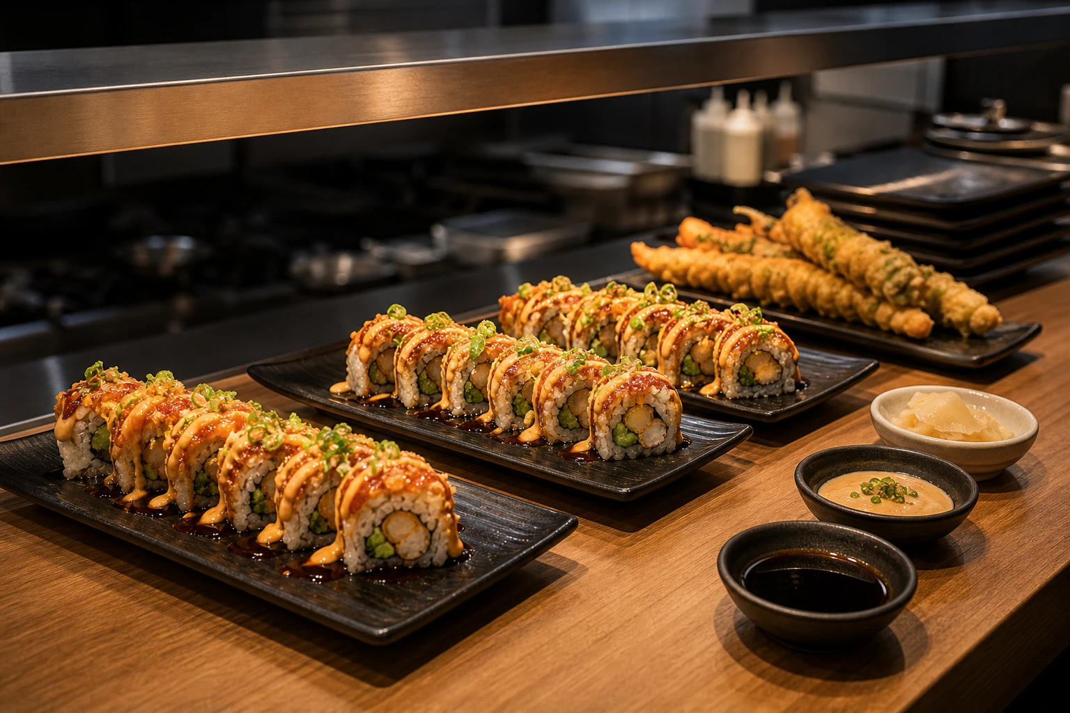 Warm sushi rolls leaving the pass on ceramic plates