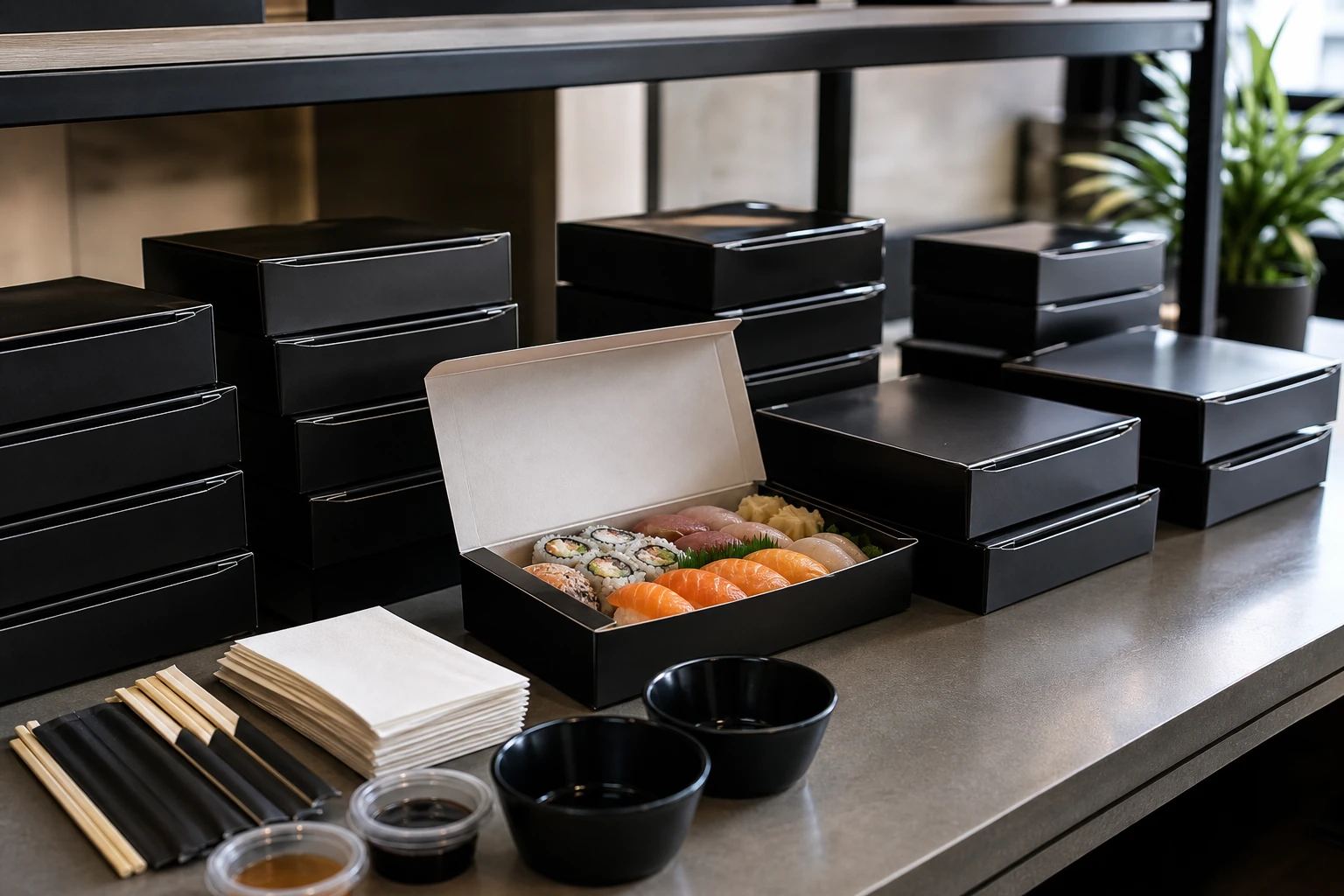 Chef hands assembling a roll at a quiet sushi bar