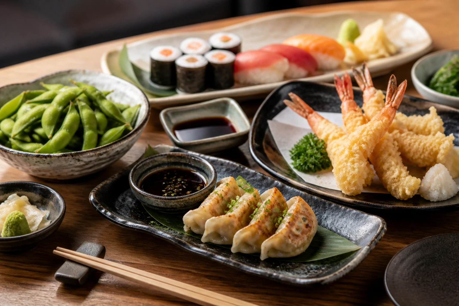 Takeaway pack with sushi rolls nigiri and side dishes arranged cleanly