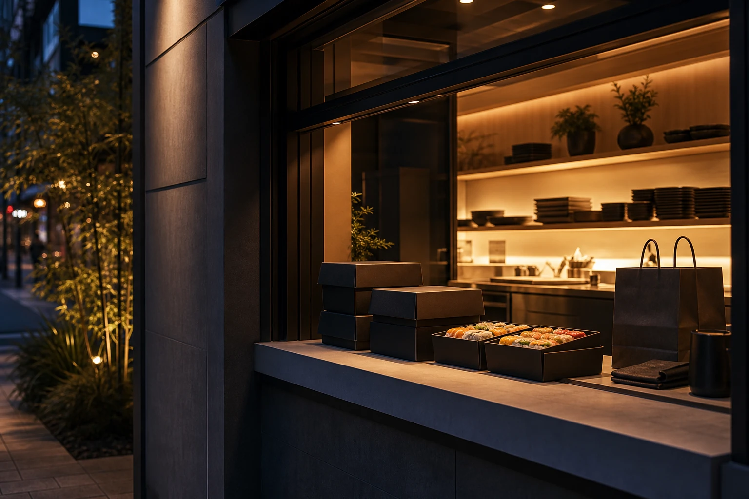 Evening sushi storefront window with delivery packaging and soft light