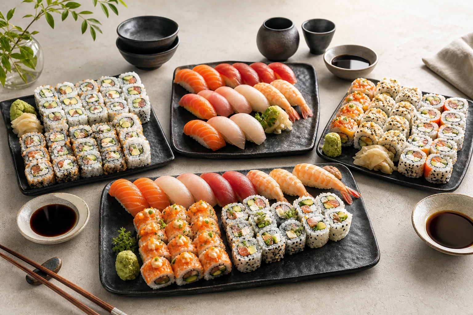 Large sushi set arranged on dark trays for a menu hero card