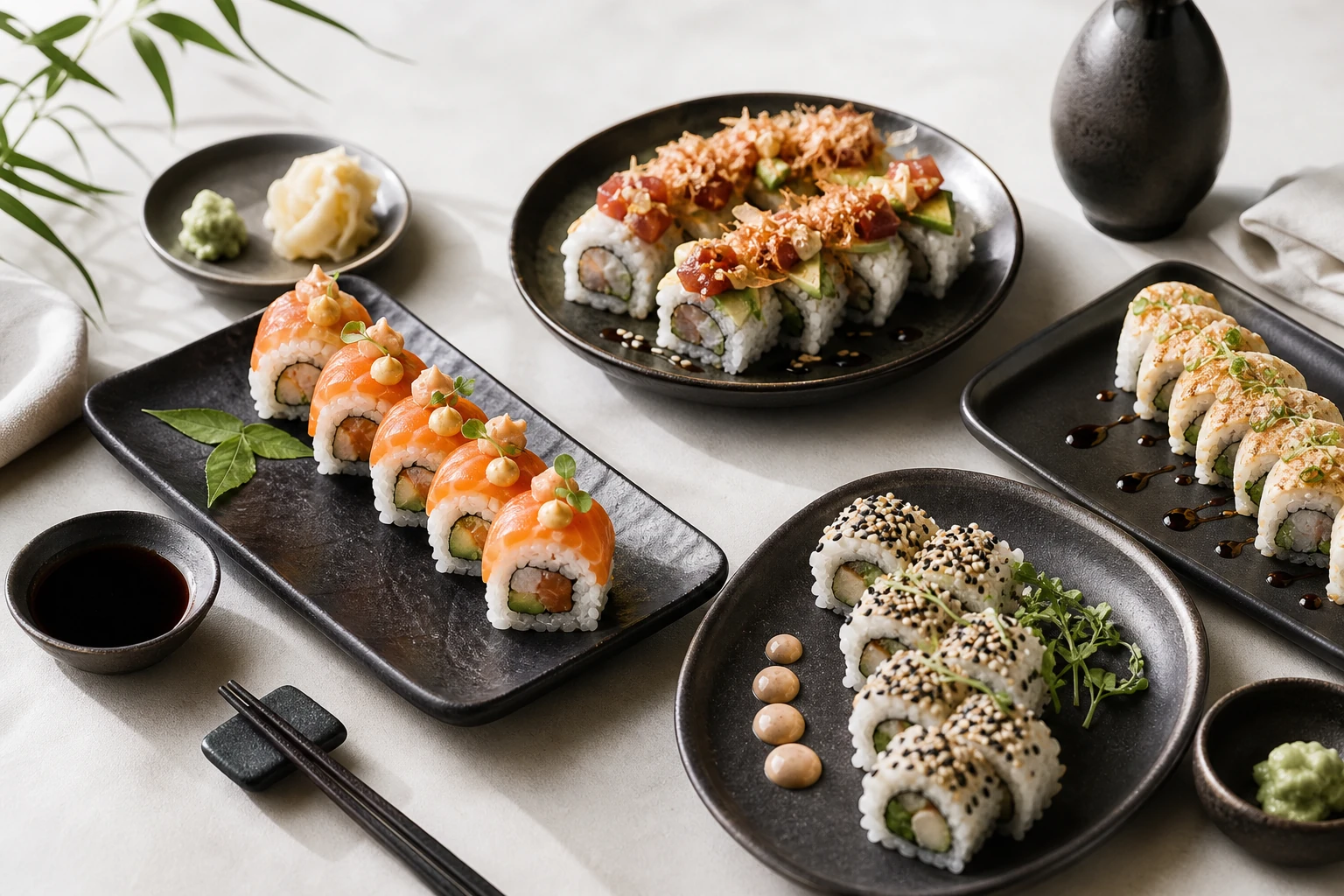 Assorted sushi rolls cut cleanly and prepared for a product card