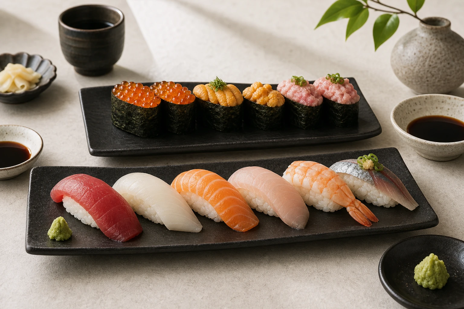 Nigiri and gunkan selection with premium minimal composition