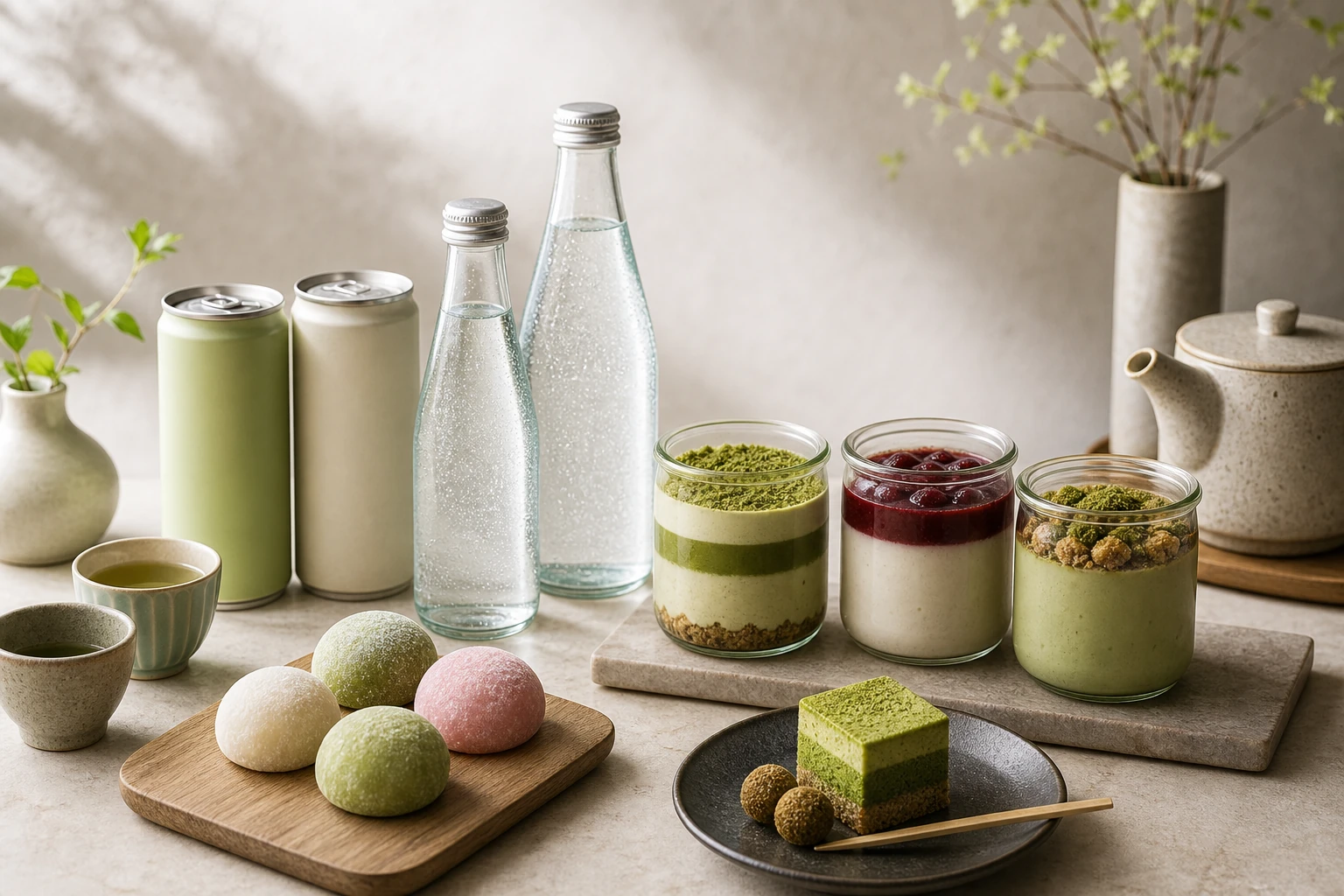 Dessert jars and drinks ready for a clean sushi-storefront detail view